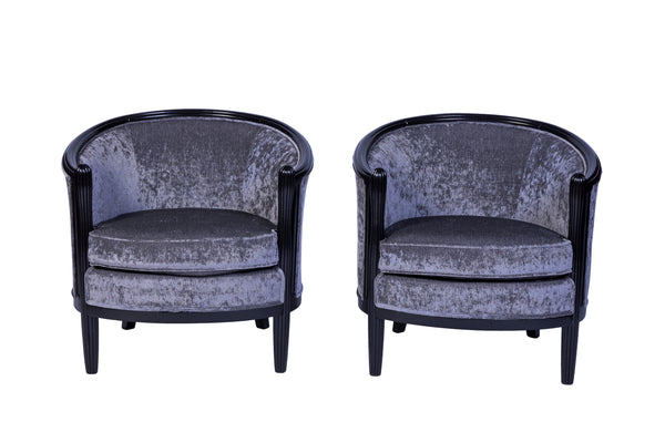 Magnificent Pair of Ebonized Mahogany Club Chairs in Luxe Gray Velvet