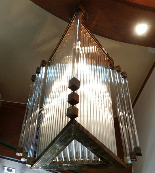 Luxe Brass And Glass Tubes Prism French Art Deco Chandelier