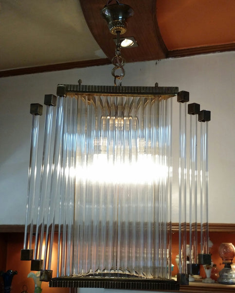 Luxe Brass And Glass Tubes Prism French Art Deco Chandelier