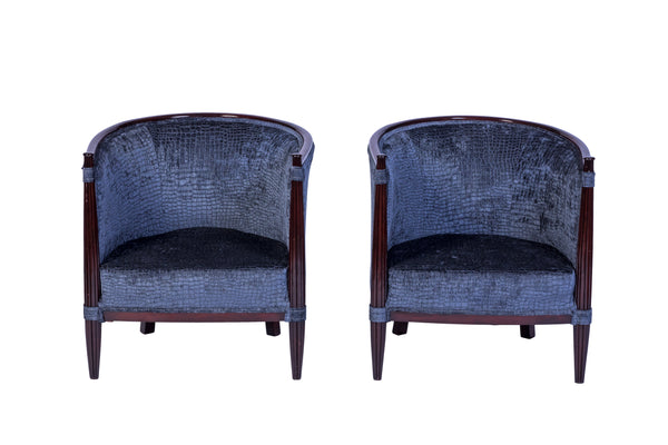 Exceptional Pair Of Red Mahogany Club Chairs in Gray Velvet