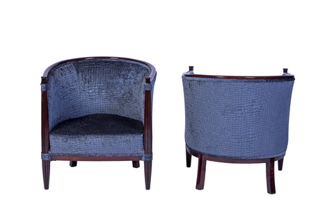 Exceptional Pair Of Red Mahogany Club Chairs in Gray Velvet