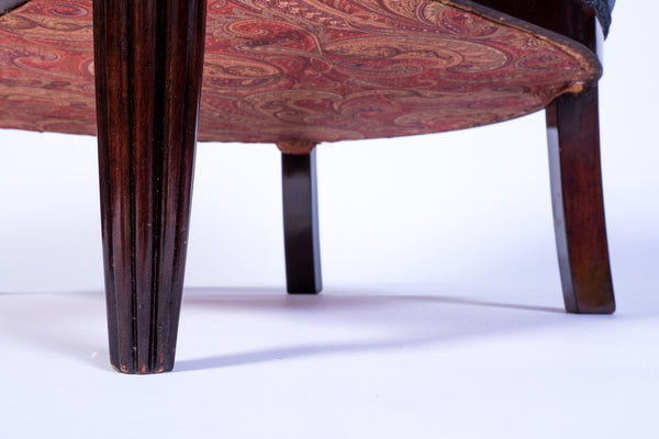 Exceptional Pair Of Red Mahogany Club Chairs in Gray Velvet