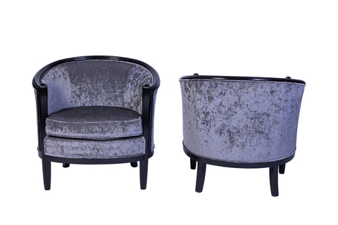 Magnificent Pair of Ebonized Mahogany Club Chairs in Luxe Gray Velvet