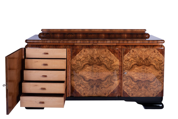 Colossal French Art Deco Sideboard Credenza In Burl Wood / Black Lacquer