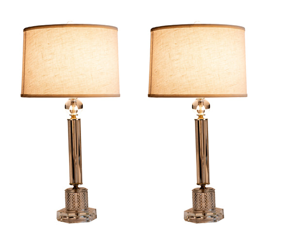 Luxe Pair of 1940's Stacked Crystal Table Lamps