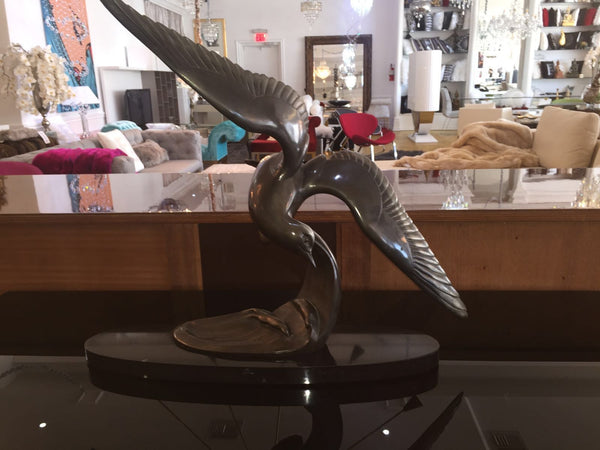 Bronze Sculpture Of Soaring Bird In Black Oval Marble - Art Deco Antiques
 - 1